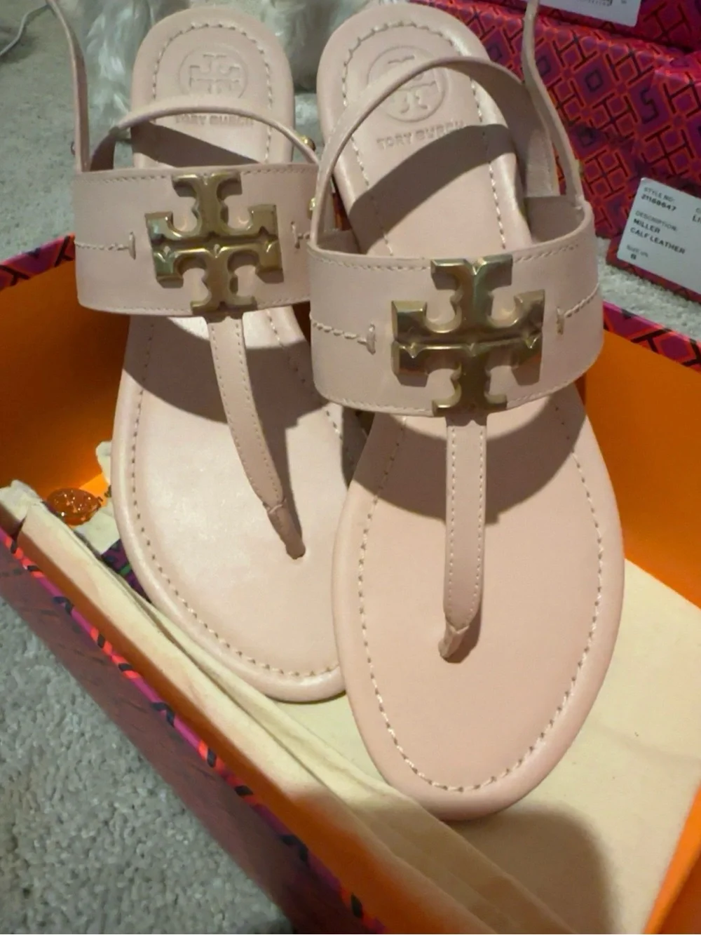 Tory Burch Blush Pink Leather Logo Thong Sandals with Gold Logo